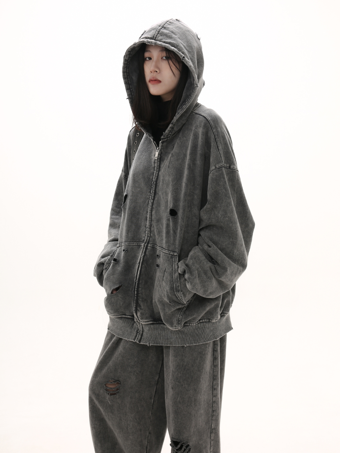 QS415A damage zip hoodie