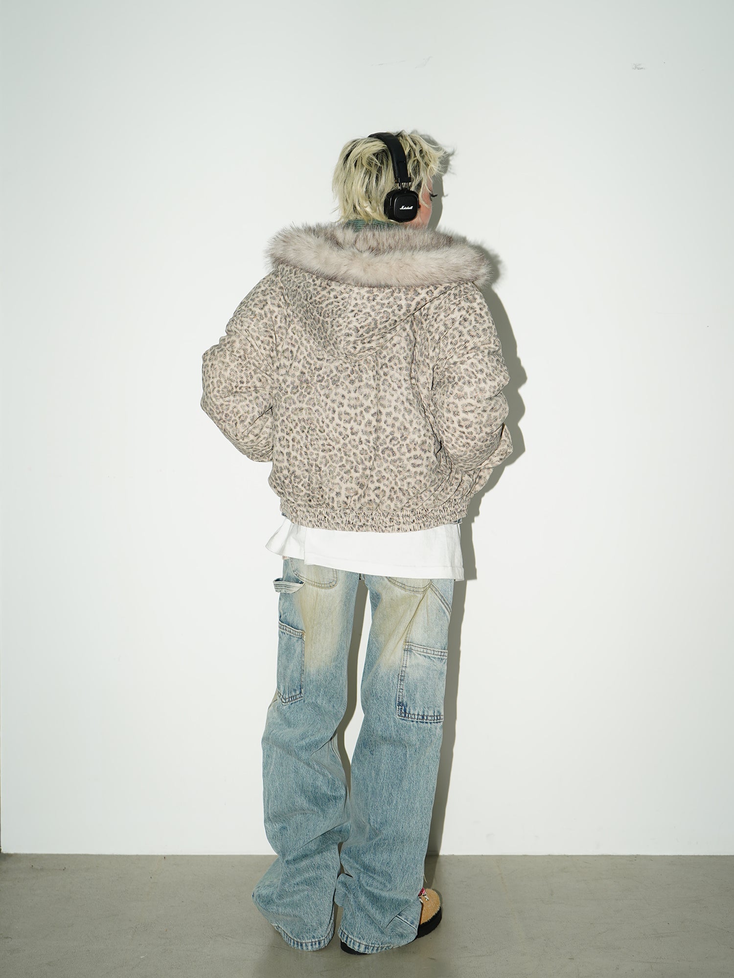 QS140B leopard hoodie fur jacket