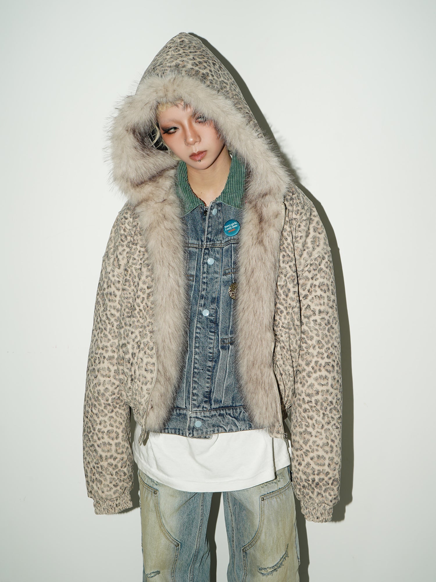 QS140B leopard hoodie fur jacket