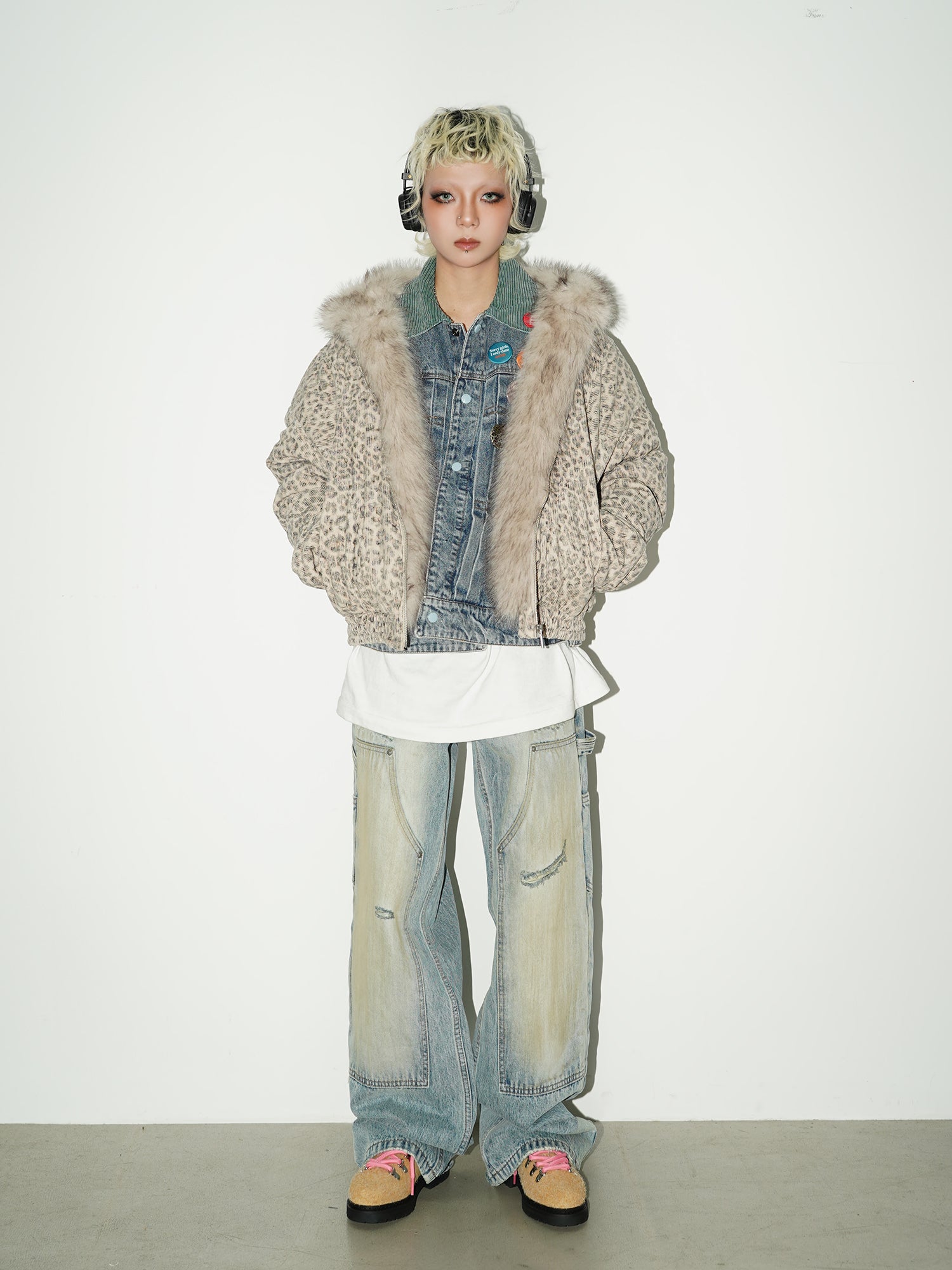 QS140B leopard hoodie fur jacket