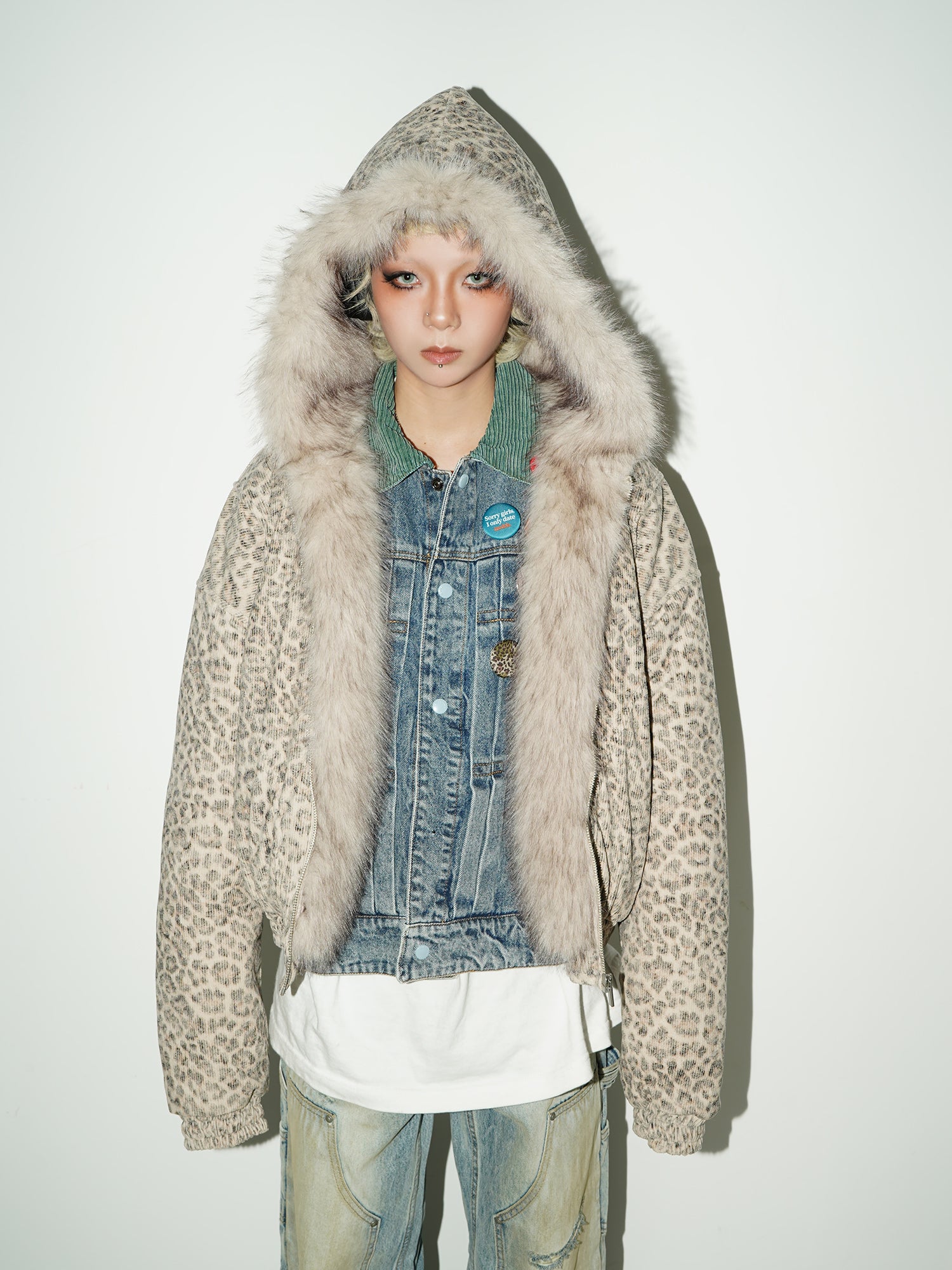 QS140B leopard hoodie fur jacket