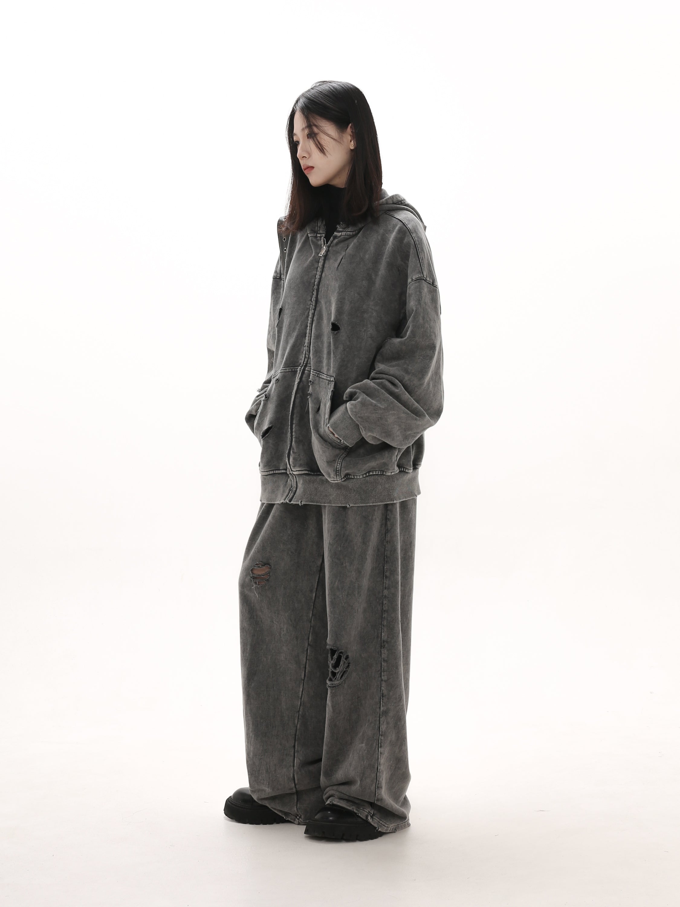 QS415A damage zip hoodie