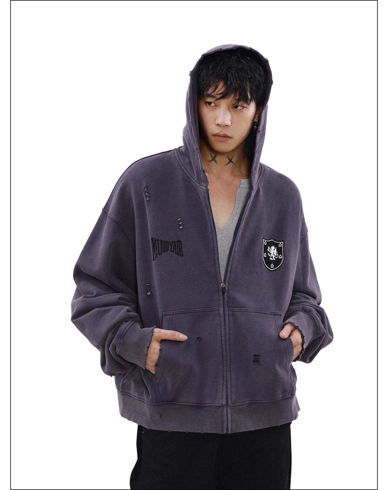 QS996A damage zip hoodie
