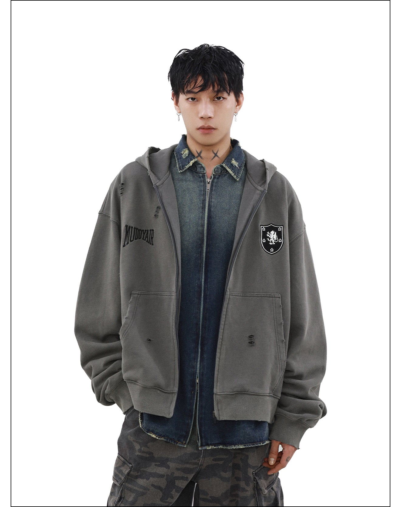 QS996A damage zip hoodie