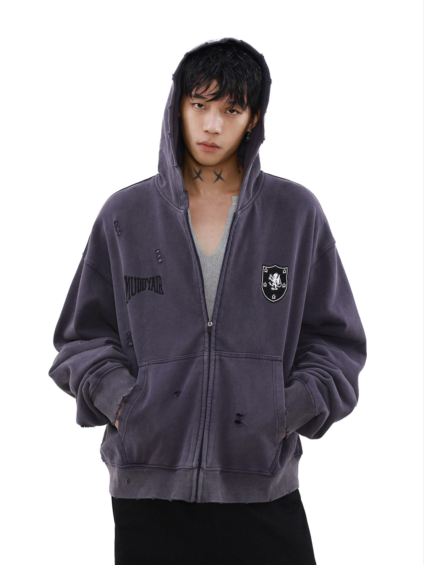 QS996A damage zip hoodie