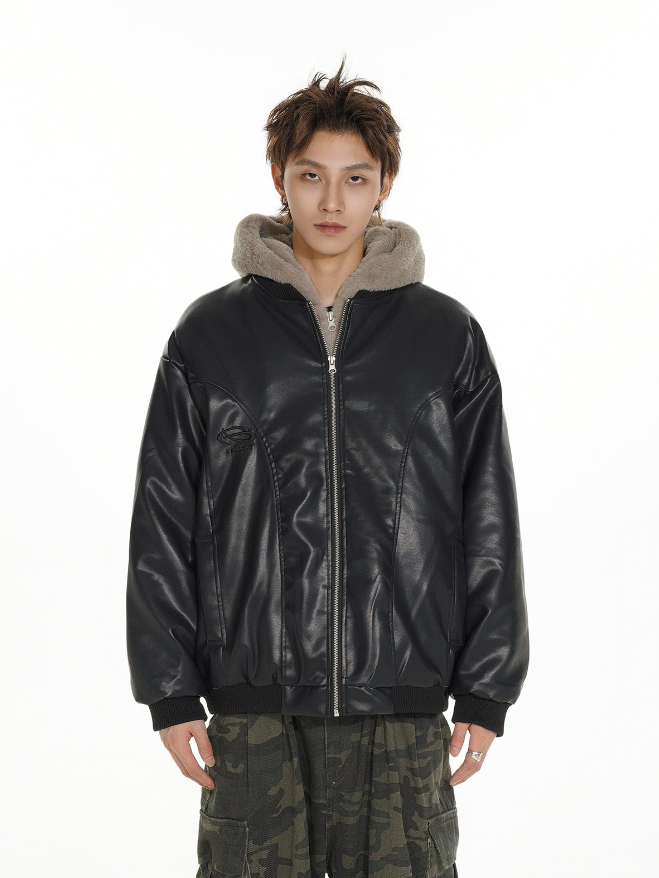 QS017B hoodie leather jacket