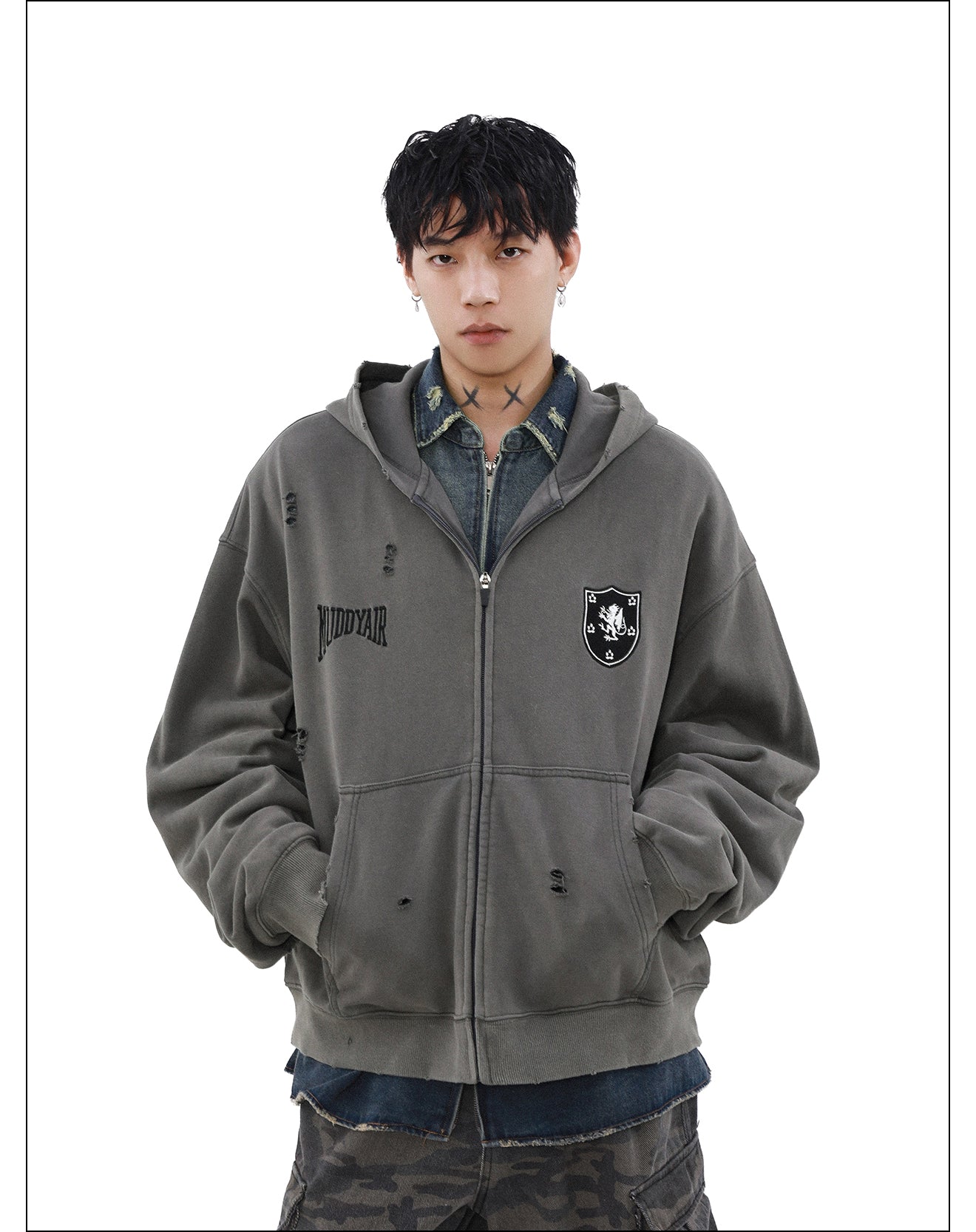 QS996A damage zip hoodie