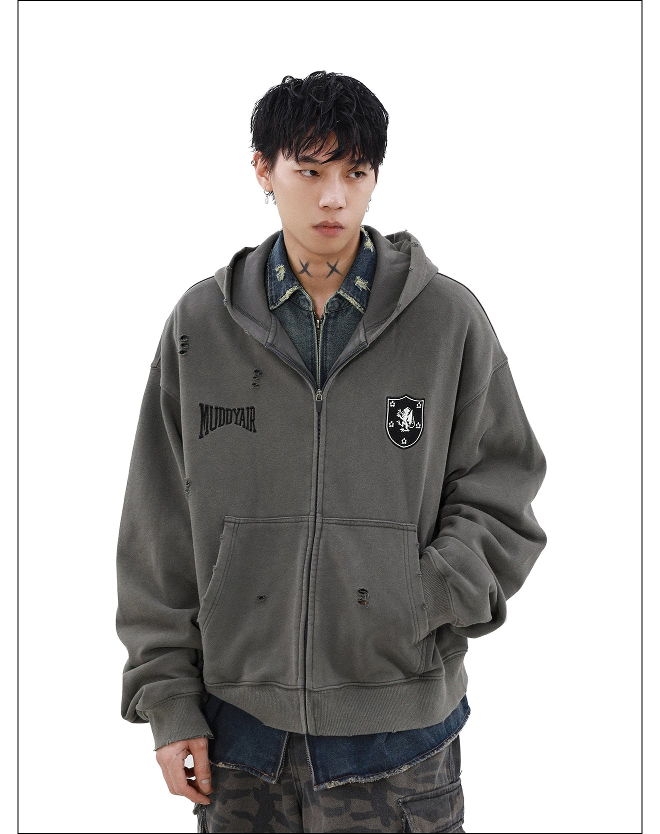 QS996A damage zip hoodie