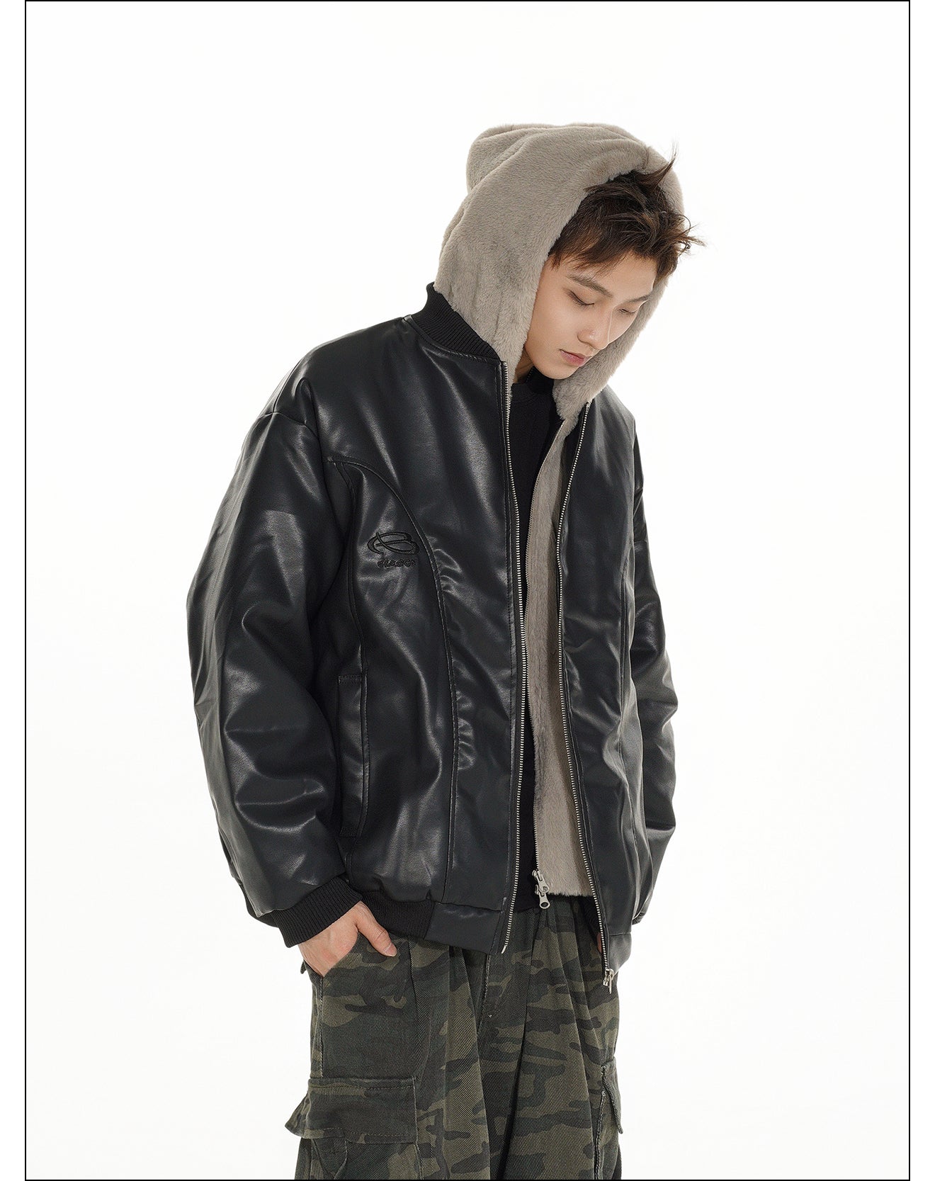 QS017B hoodie leather jacket