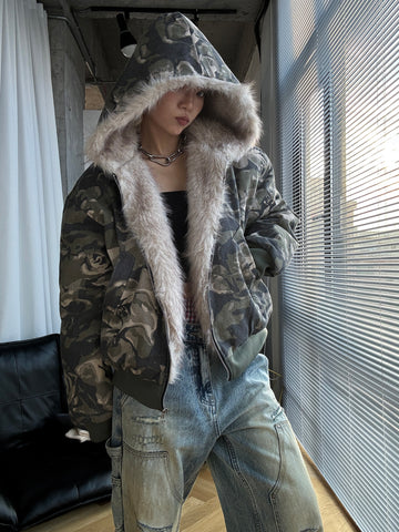 ジャケット・アウター camouflage hoodie jacket Mens Camouflage Hoodie Fur Lined Full Zip Army Camo Hooded