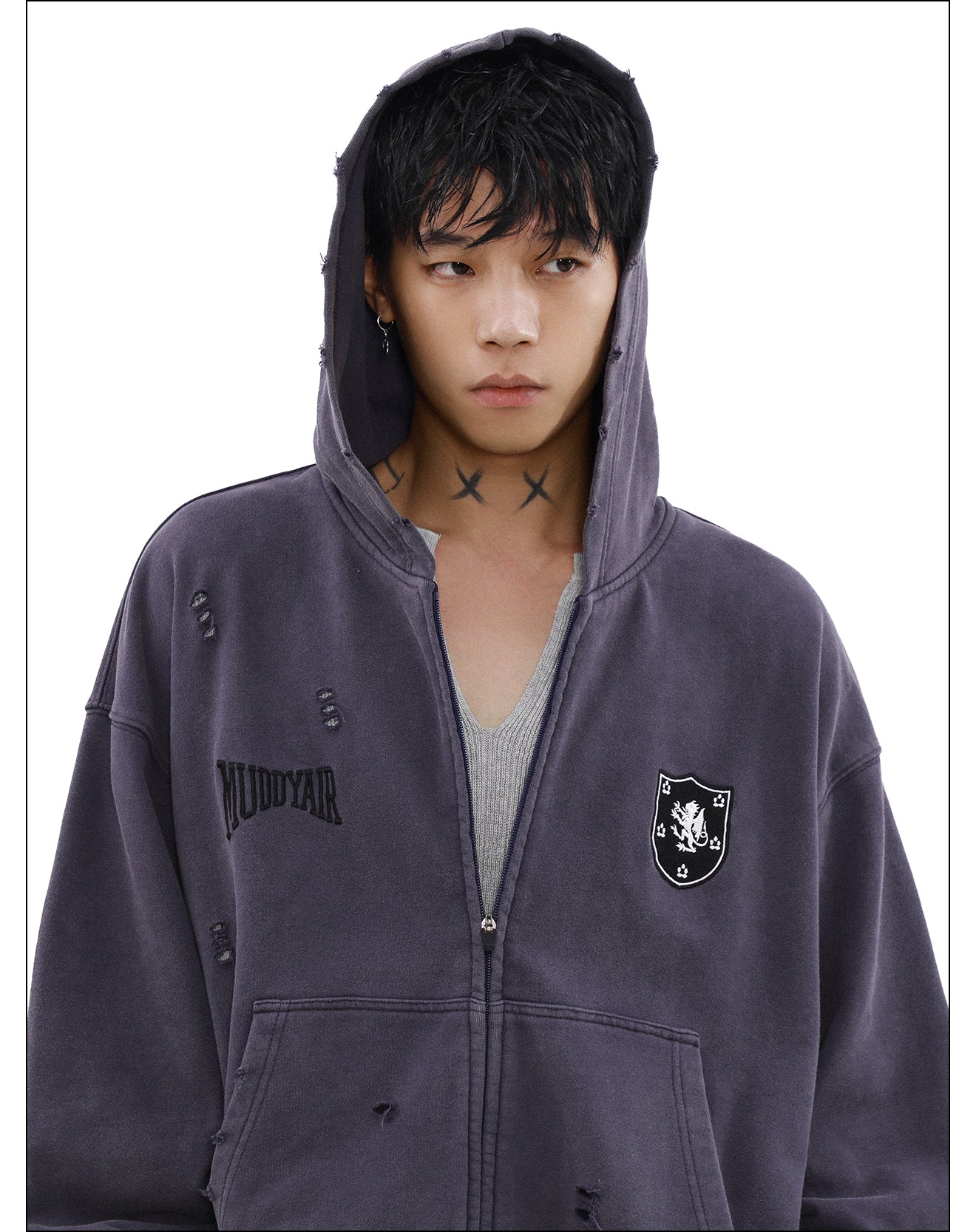 QS996A damage zip hoodie