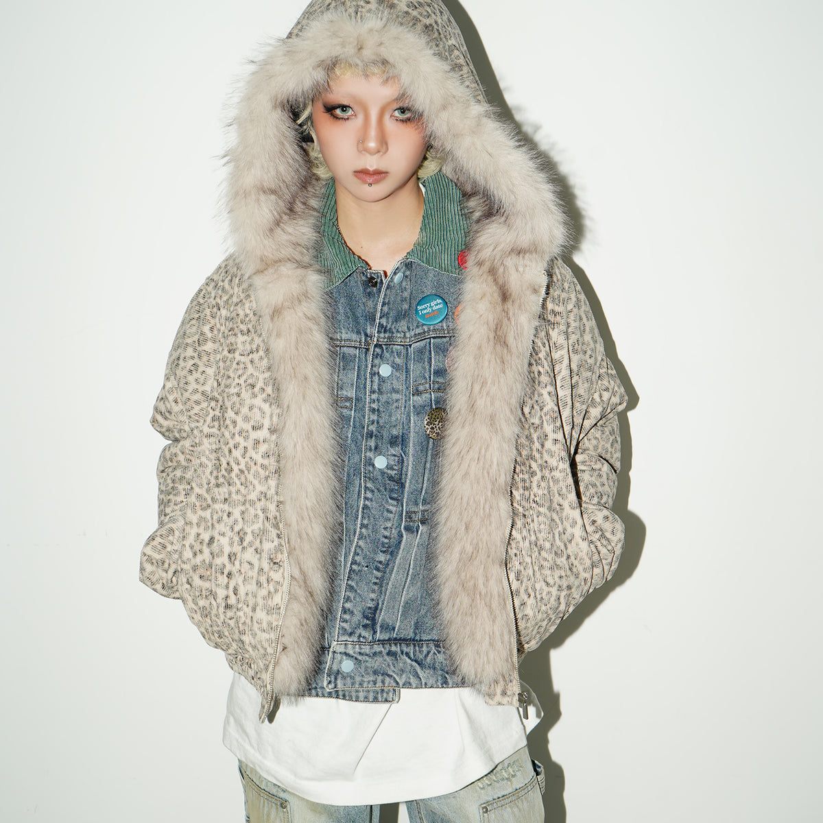 QS86迷彩柄 ファージャケット QS140B leopard hoodie fur jacket