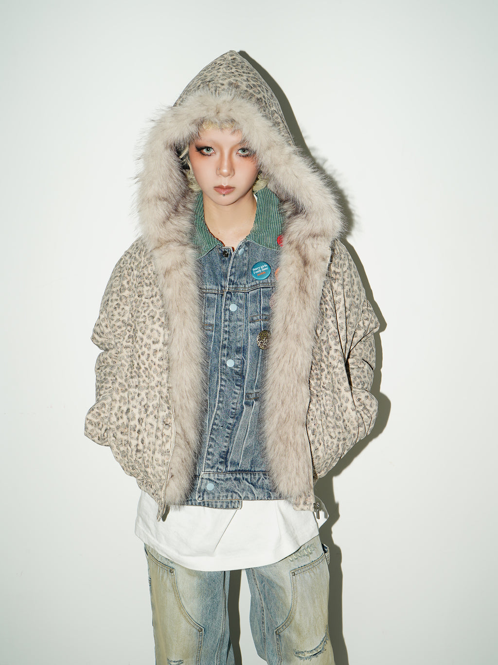 QS140B leopard hoodie fur jacket