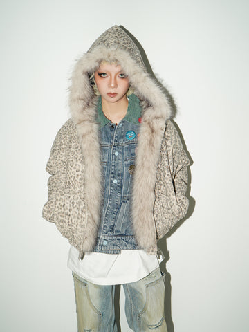 QS140B leopard hoodie fur jacket
