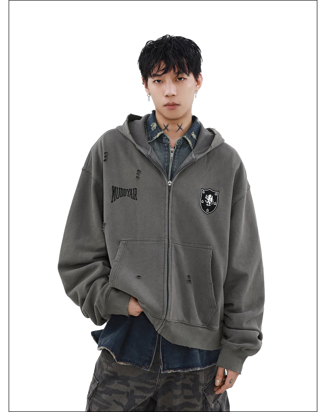 QS996A damage zip hoodie