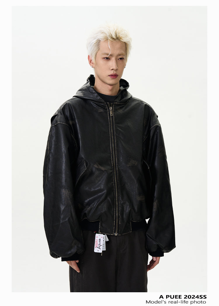 QS057B leather hoodie jacket