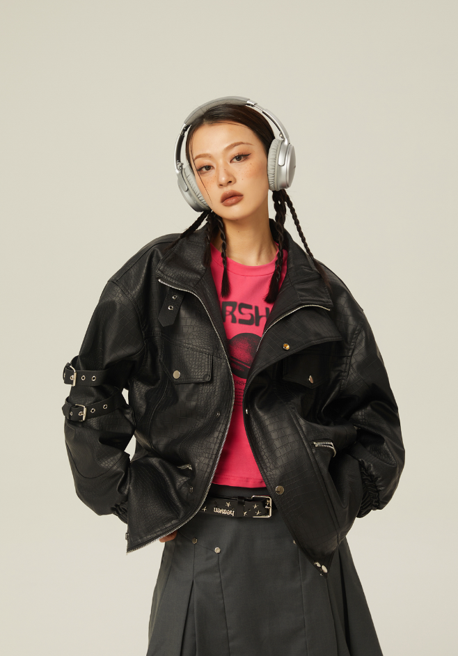 QS291 loose leather jacket