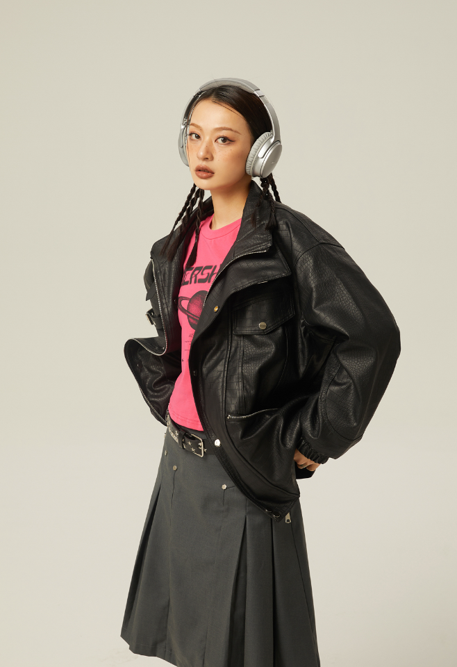 QS291 loose leather jacket